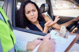 Woman in car upset about getting traffic ticket from police officer