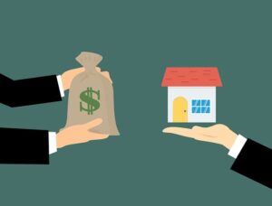 Illustration of man handing over moneybag to someone holding a house